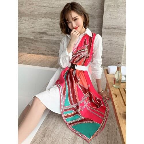 Irregular printed silk scarf stitching high waist belt shirt dress 2021 Spring new