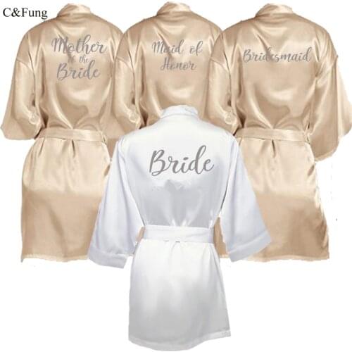 C&Fung champagne gold robe with silver grey writing bridal shower party mother of the groom robe bride women cape satin robes