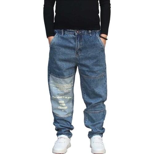 Fashion Hiphop Harem Jeans Men Casual Denim Pants Knee Patchwork Trousers Loose Baggy Jeans Streetwear Men Clothing