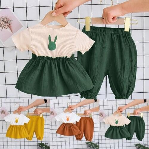 Summer Girls Clothing Sets Baby Kids Clothes Suit Children Short Sleeve Dress +Pants 2Pcs Set Cartoon Rabbit Roupas Meninas