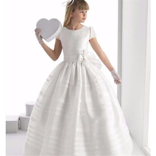 Fashion Flower Girl Dresses Charming White ivory Short sleeve Satin Floor Length Girls Pageant Dresses First Communion Dresses