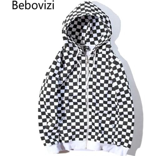 Bebovizi Mens Harajuku Hip Hop Zip Up Hoodie Sweatshirt Black White Checkerboard Plaid Hoodie Streetwear Fleece Hooded Hipster