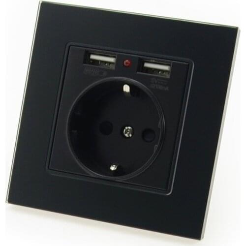 Luxury Glass Panel Wall Power USB Socket 16A EU Standard Electrical Outlet With 2100mA Dual USB Socket Charger Port for Mobile