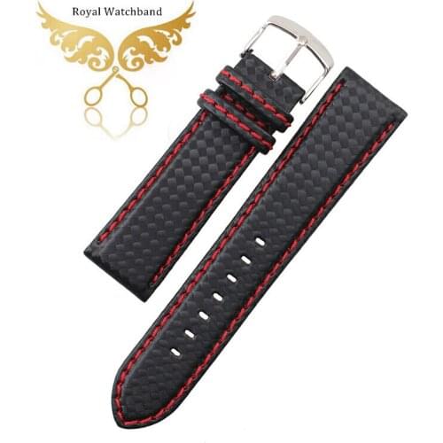 New Arrival!!! 18mm Black Watch Band Carbon Fibre Watch Strap Red Stitching with Leather Lining Stainless Steel Clasp