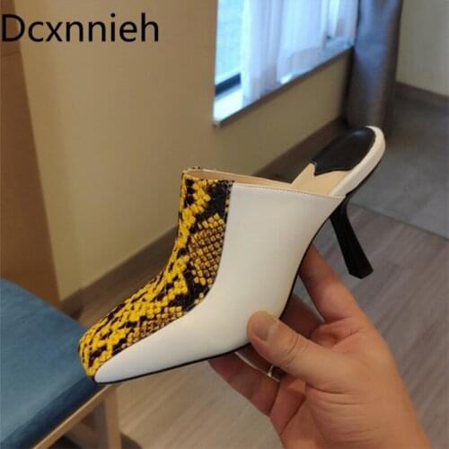 New 2021 Square Toe Women Slippers Genuine Leather Mules Female Runway Shoes Triangular Chunky Heels Slides Party Shoes Woman