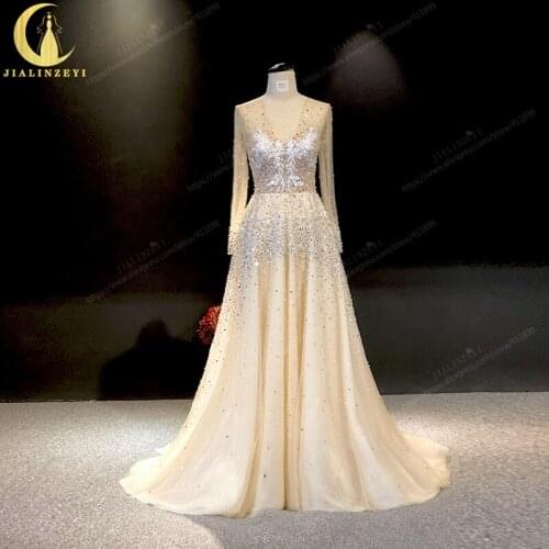 JIALINZEYI Real Picture Champagne Long Sleeves Full Beads Luxuirous Formal party Dress evening Dresses