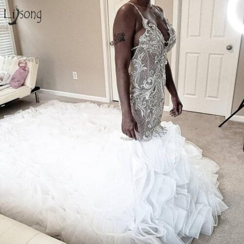 Gonna Luxury Backless Mermaid Wedding Dresses Lace Sparkle Crystal Bridal Gowns Lush Organza Ruffles Mariage