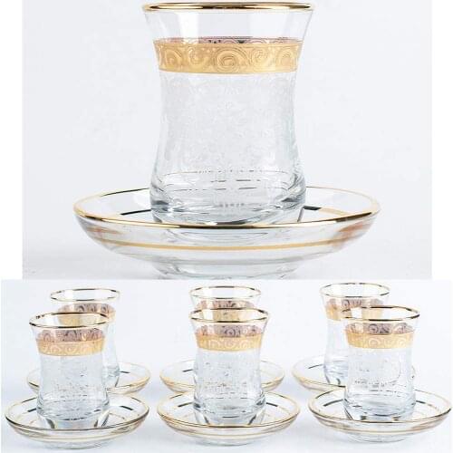 Glass Turkish Tea Cups Set of 6 and Saucers with Arabic Ottoman Decors for Serving and Drinking Housewarming Gift Vintage 3.45 o