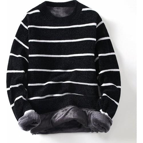 2020 Winter Super Warm Sweater Mens O neck Slim Soft Fleece Pullover Striped Knitted Plus velvet thickening Sweater Men