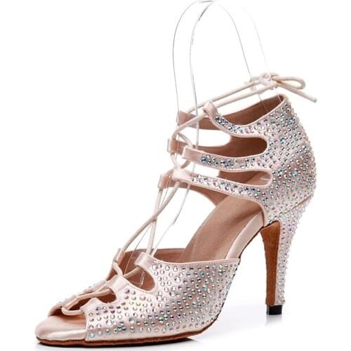Women Silk Lace Up Ballroom Dance Shoes Nude Rhinestone Latin Dancing Shoes For Woman Soft Sole Bachata Salsa Dance-shoes