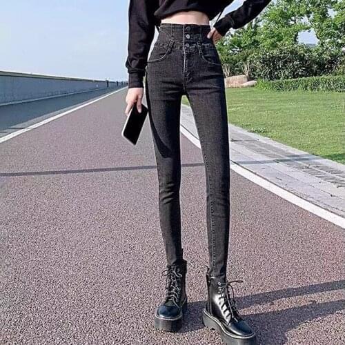 High Waist Skinny Pencil Jeans 2021 Autumn Lady Retro Stretch Slim Trousers Korean Fashion Button Denim Pants Plus Size Leggings