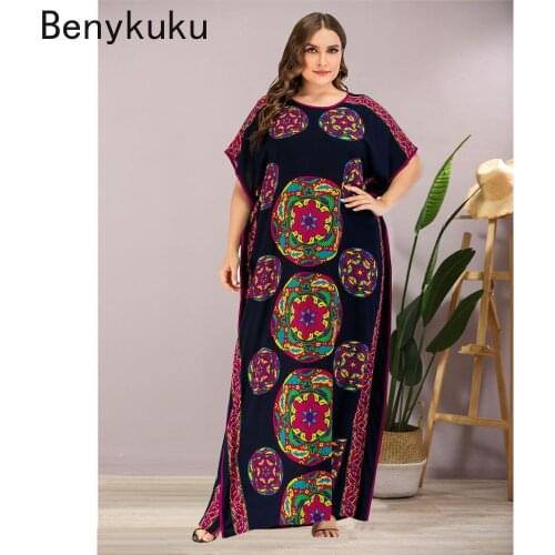 Vintage Ethnic Print Women Casual Batwing Sleeve Maxi Dress Plus Size African Dashiki Loose Abaya Kaftan Ramadan Robe Gown