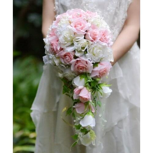 Pink white Vintage Artificial Flowers Waterfall Wedding Bouquets With Bridal Brooch Bouquets Brides Bouquet De Mariage 2018 hot