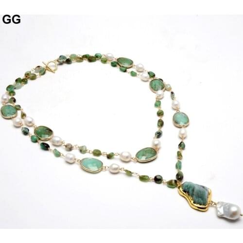 GuaiGuai Jewelry Natural Green Emerald Gold Color Plated Green Chrysoprase Chain Statement Keshi Pearl Necklace For Women