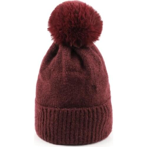 Women Wine Cashmere Beanie Warm Soft Ivory Faux Fur Pompom Winter Hat 2020 New Girls Knit Slouchy Hat