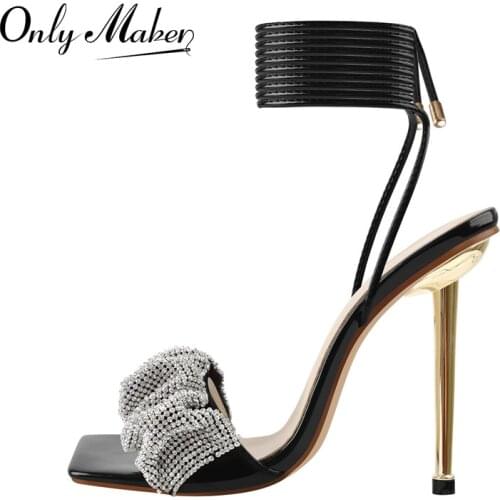 Onlymaker Square Toe Sandals Patent Leather Lace Up Metal Thin High Heels Ankle Strap Crystal Shoes Women
