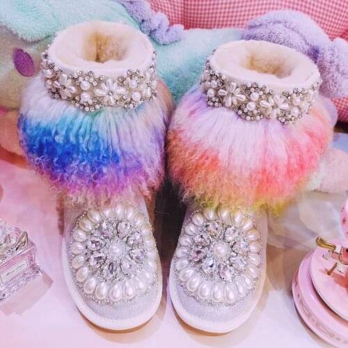 Womens Round Toe Rhinestones DIY Ankle Boots Pearls Real Rainbow Fur Furry Warm Winter Snow Shoes Luxury Australia