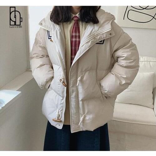 Winter Solid Horn Button Hooded Thick Warm Shorts Parka Coats Female Casual Harajuku Down Coats Ladys Fashion Chic Outerwears