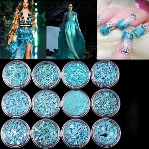 12 Pcs Aquamarine Series Mix Snowflake Heart Star Nail Sequins Shining Nail Glitter Powder Rhinestone Tips Nail Art Decoration