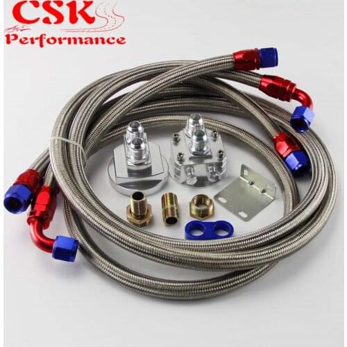 AN10 Oil Filter Sandwich Adapter + AN10 Nylon Braided or SS Braided Hose Kit Black / Silver / Blue
