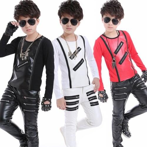 2021 Children Jazz Dance Costume Boys Hip Hop Clothing Leather Tops Trousers Street Dance Wear Stage Outfit Drum Show Tops