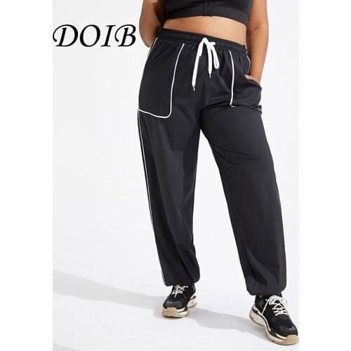 DOIB Women Jogger Sports Pants Black Letter Print Side Stripe Loose Casual Running Pants Plus Size Gym Pants