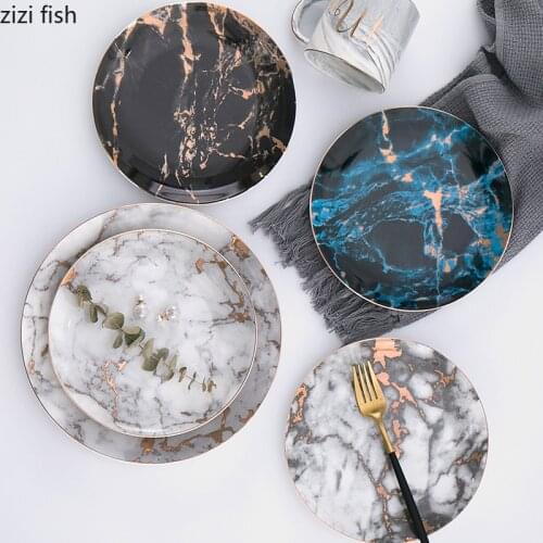 Nordic Marble Ceramic Dinner Plate Western Steak Plate Round Cooking Dish Fruit Dessert Plate Household Tableware Kitchen Tools