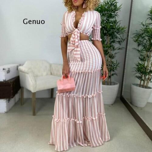 Summer Hot Sale Deep V Neck Short Sleeve Fit and Flare Dress Stripe Beach Style Lady Fashion Long Dress Sexy Club Dress