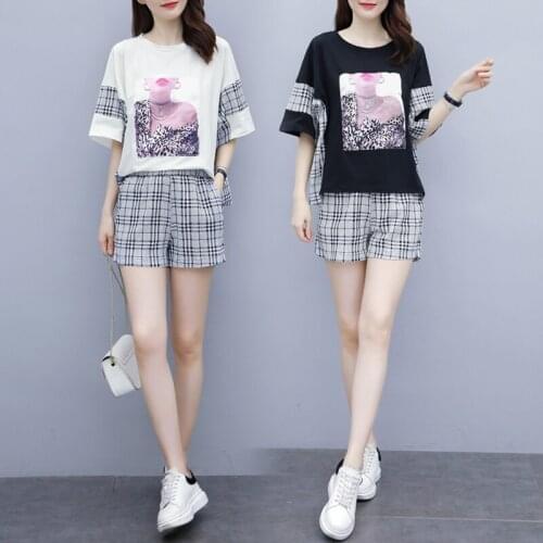 Summer casual two piece set top and pants loose T-shirt plaid shorts set survetement femme 2 piece costumes for women