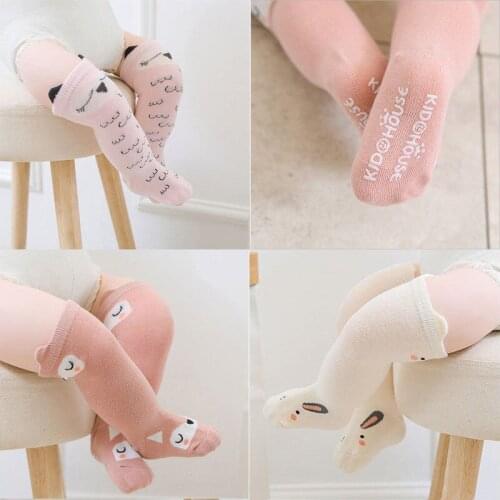 Cute Cotton Baby Socks with Ears Anti-Slip Infant Knee High Socks Newborn Animal Cartoon Print Socks