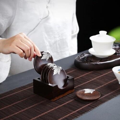 6pcs Coaster Set Ebony Solid Wood Tea Mat Round Square Creative Chinese Style Tea Accessory Set Saucer Tray Thanksgiving Kitchen