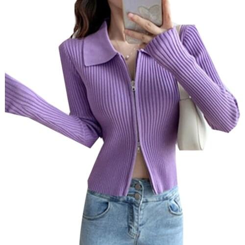 2021 New Autumn Slim Short Zipper Knitted Sweater Cardigan Cropped Top Jacket All-Match Korean Fashion Long-Sleeved Top Female