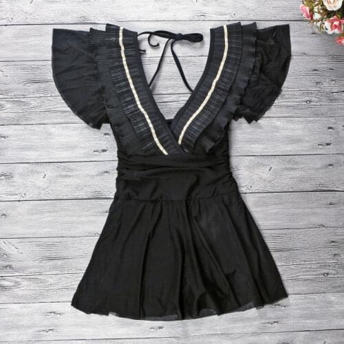 2021 New Women Black One Piece Swimwear Push Up Bathing Suit Swim Beach Dress Summer Sexy Short Sleeve V-Neck Swimming Beachwear