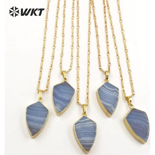 WT-N1140 WKT Wholesale Blue stone necklace shield shape flat pendant with 18inch long chains new style
