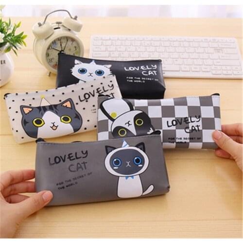 DL South Korea PU simple pencil cute adorable girl student Cat cartoon stationery pencil box