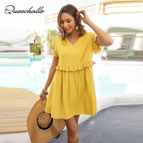 Yellow Summer Dress Womens Solid Casual V-Neck Ruffle Short Sleeve A-line Mini Dress Pleated Vestido de mujer Female Clothing
