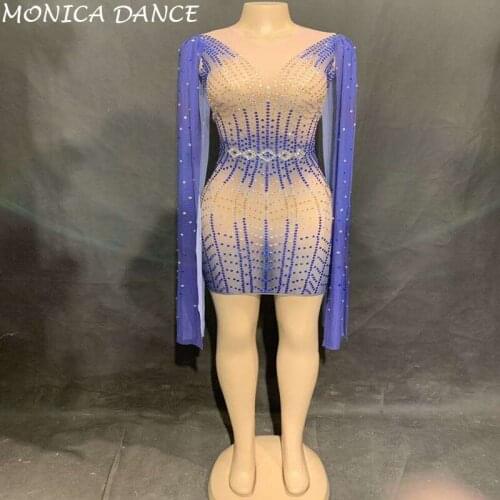 Women Sexy Stage Blue Long Sleeves Perspective Mesh Dress Celebrate See Through Dress Sexy Skinny Costume Dance S Dress