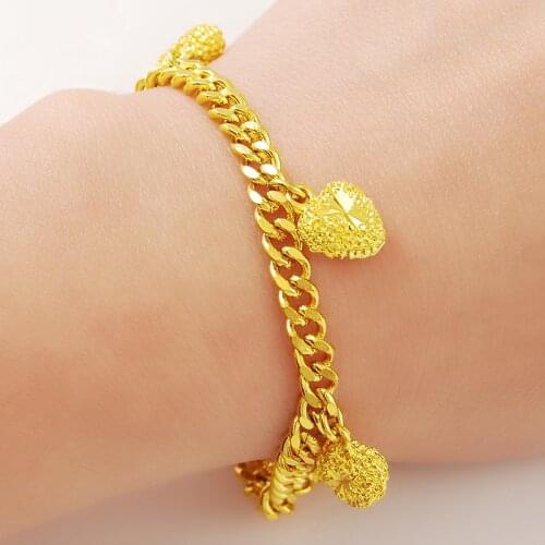 Promotion sale ,4mm cable chain with hearts charms bracelet / bangle,Wholesale Fashion Jewelry,pure gold color Bracelet