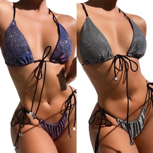 Womens Sexy Shining Lace-up Bikini, Sleeveless Sling Tops Briefs Swimsuit, Classic Hollow Bare Midriff Two-pieces Set