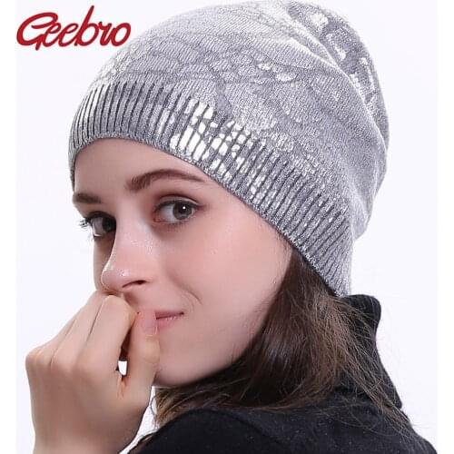 Geebro Womens Metallic Color Beanie Hat Winter Single layer Knitted Cashmere Slouchy Beanies for Femme Hats Printing Skullies