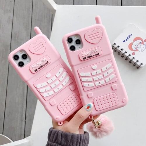 Cute Baby Pink Heart Telephone Girl Case for iPhone 12 11 Pro Max XR XS X 8 7 6 Plus 3D Silicone Cover Pompom Tassel Women