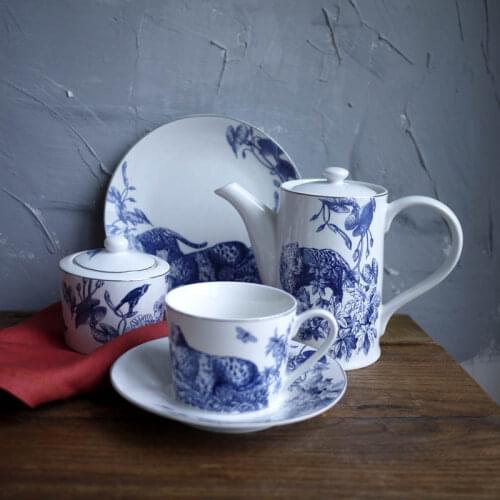 Blue and White Porcelain Leopard Decorative Bush Line Drawing Tea Cup&Saucer/Teapot/Dinner Plate/Coffee Pot