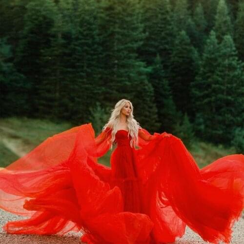 Vintage Long Sleeve Red Tulle Evening Gowns Customized Sweep Train Ruffles Formal Party Dress Bridal Robes Free Ship