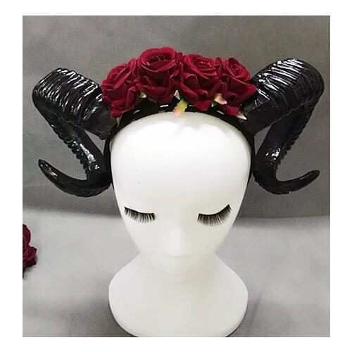 Vintage Retro Sheep Horn Rose Flowers Gothic Headband Victorian Cosplay Hair Accessories Handmade
