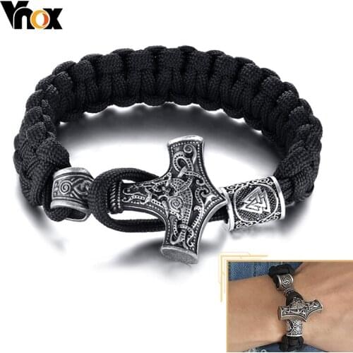Vnox Retro Viking Mjolnir Rope Bracelets for Men, Thor hammer Wristband Norse Mythology Runes Amulet Jewelry