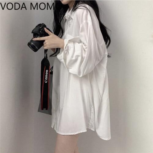 2021 summer Autumn Women Shirts White Plain Loose Oversized Blouses Female Tops Loose BF Korean Style Blusas Pockets tops