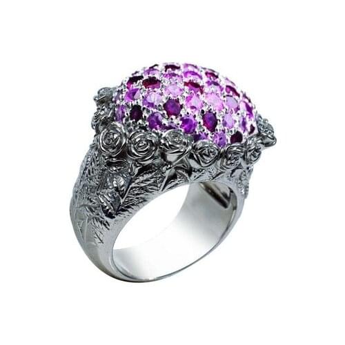 Womens Fashion 925 Silver Color Ring Elegant Luxury Flower Purple Diamond Jewelry Wedding Engagement Party Ring Size 5-11