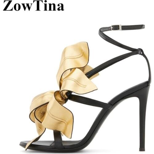 2020 New Design Women Gladiator Sandals Gold Leaf Decor High Heels Party Pumps Black Summer Sandalias Femmes Design Chaussure