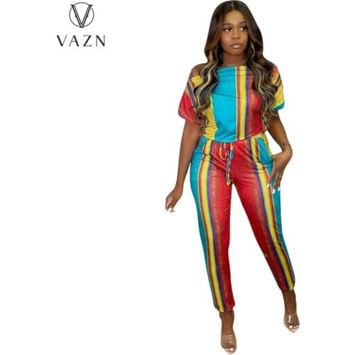 VAZN 2021 Early Autumn Young Patchwork Sweet Slash Neck Short Sleeve Free Regular Women Skinny Long Pencil Jumpsuits