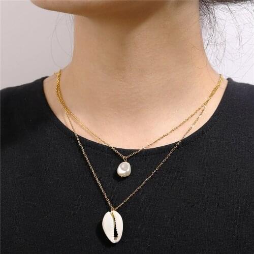 Vintage Fashion Shell artificial pearl Pendant Necklaces For Women Boho Gold Geometric Multilevel Necklace Jewelry Party Gift